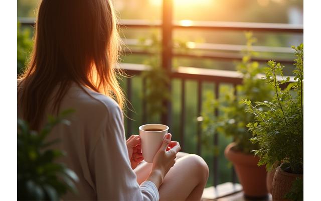 Image illustrant le style de vie avec une personne dégustant un café sur un balcon verdoyant